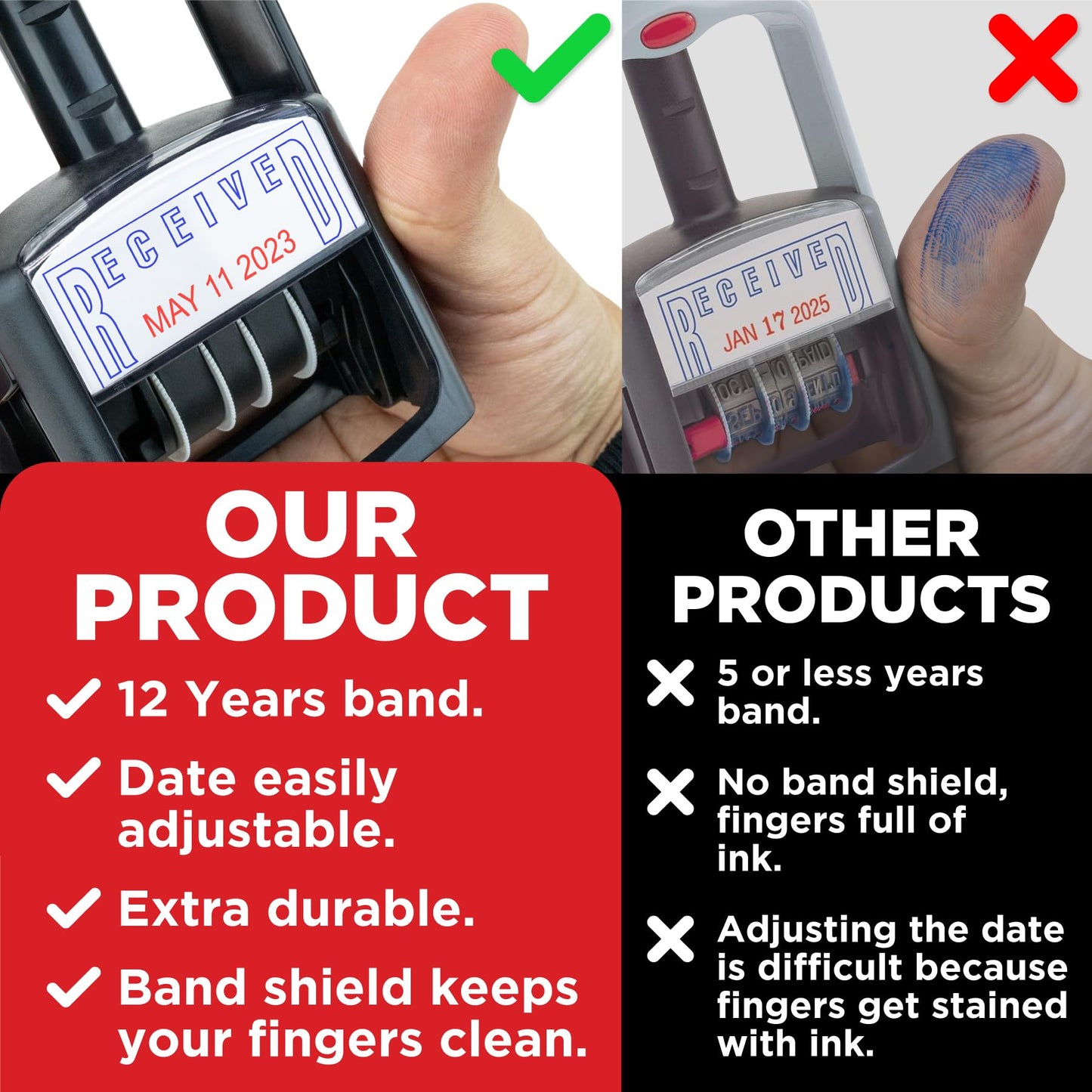 Mark 2000 Self-Inking Rubber Date Office Stamp with Received Phrase - Blue Ink & Date Red Ink - 12-Year Band