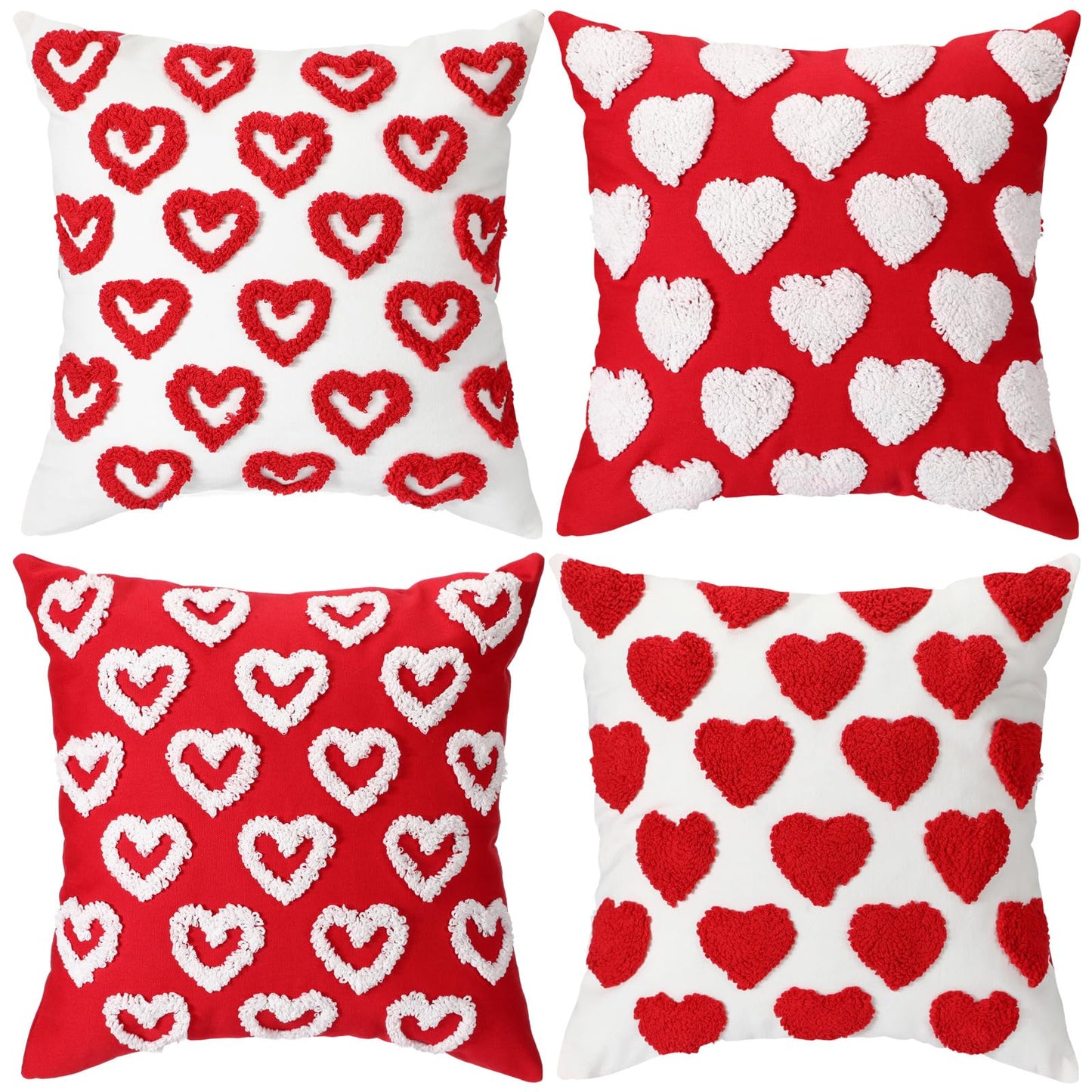 Fourluoo 4 Pcs Valentine's Day Throw Pillow Covers 18x18 Inch Soft Heart Decorative Pillowcase Plush White Red Soft Plush Pillow Covers Cushion Case Decorations for Sofa Living Room Valentine Gift