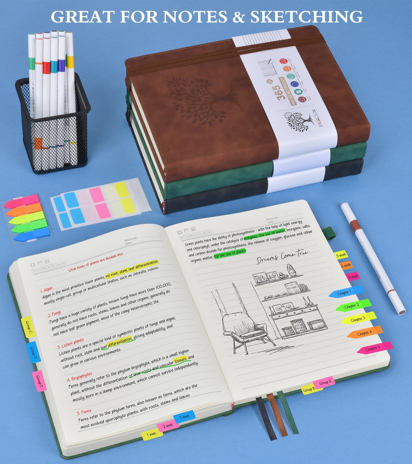 PERCUN A4 Lined Journal Notebook，365 Page Large Leather Journals for Writing Women Men，Hardcover Notebook with 100Gsm Thick Pages for Travel，Work，School，College Ruled, Daily Diary (8.5" x 11.4")