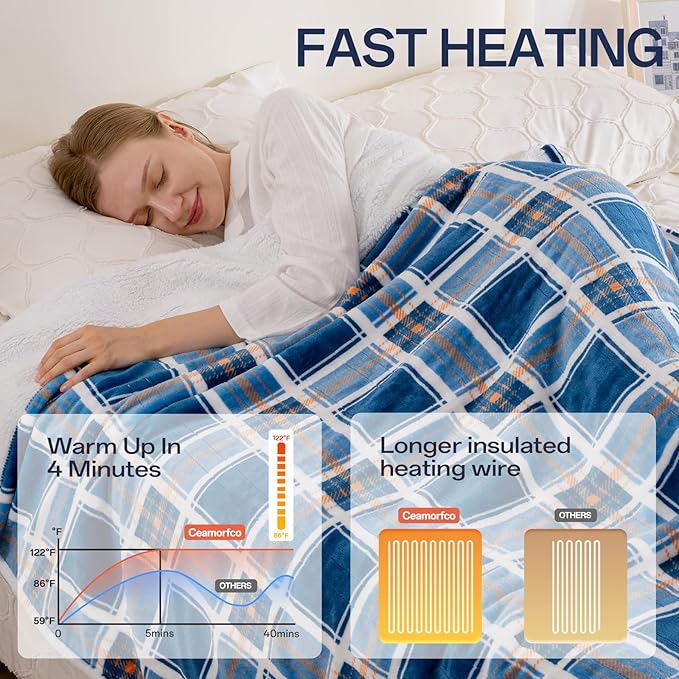 Heated Blanket Electric Throw, Heating Throw with 8 Hours Auto Off & 8 Fast Heating Levels, Blue White Plaid Checkered Sherpa Blanket Warmer for Adults, Washable Blanket Gift for Couch Bed (50x60 In)
