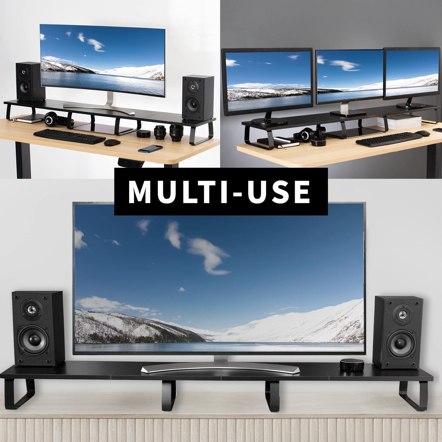 VIVO 55 inch Extra Long Monitor Stand, Wood & Steel Desktop Riser, Multi Screen, TV, Keyboard, Laptop, Ergonomic Desk and Tabletop Organizer, Black, STAND-V000D5