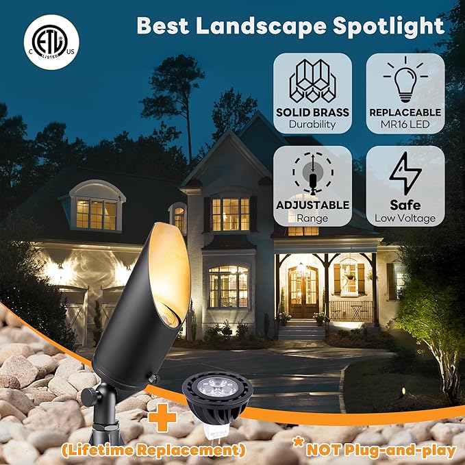Gardenreet 12V Spot Lights Solid Brass - Black Outdoor Low Voltage Landscape Spotlight, Wired LED Uplights Waterproof, Electric Adjustable Shield for Patio Wall with Warm White MR16 Bulb (6 Pack)