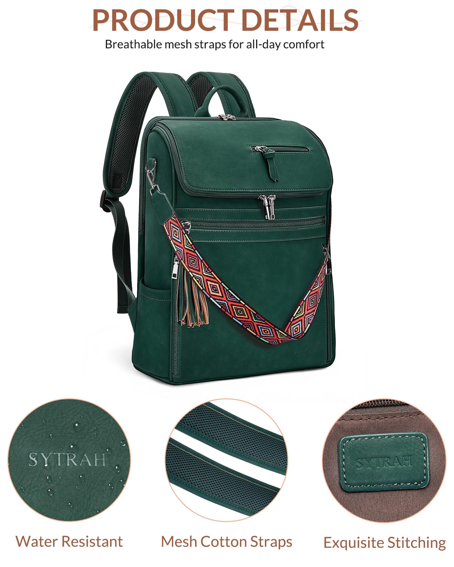 SYTRAH Leather Laptop Backpack for Women Designer Laptop Bag, 16.5 inch Travel Computer Backpacks Purse with Tassel for Work Business with Satchel Purse Green