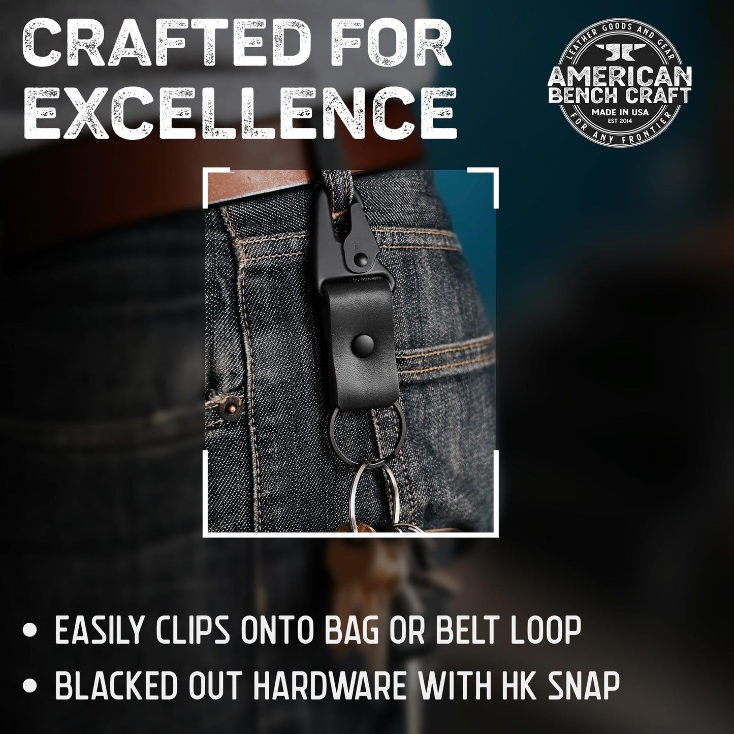 American Bench Craft Clip On Tactical Keychain | Full Grain Leather Key Chain for Men | Car Keychain Made in USA | Key Fob with HK Snap & Durable Riveted Construction for Everyday Use | Black