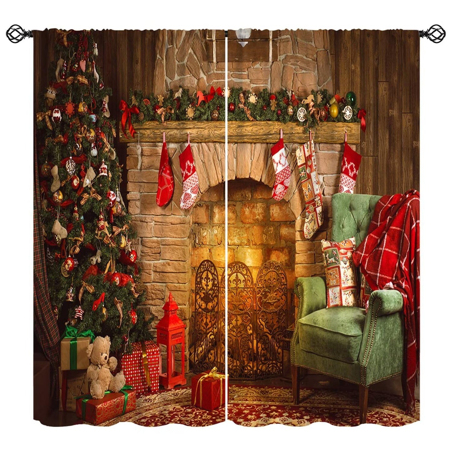 FengMingRui Christmas Window Curtain for Bedroom Fireplace Printed Window Treatment Winter Holiday Christmas Decor Window Drapes 52" W X 84" L