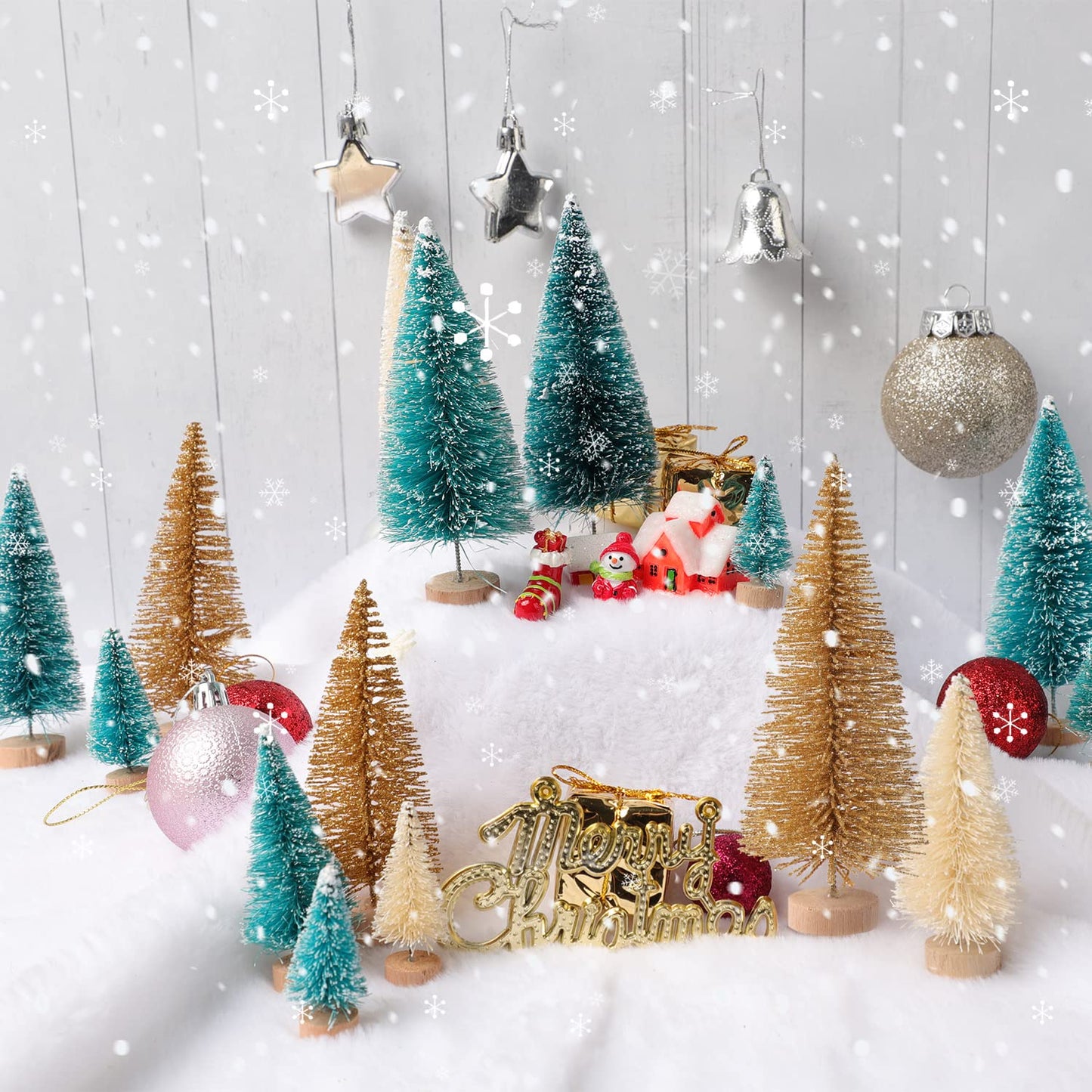 30Pcs Mini Christmas Trees, Artificial Christmas Tree Bottle Brush Trees Christmas with 5 Sizes, Sisal Snow Trees with Wooden Base for Christmas Decor Christmas Party Home Table Craft