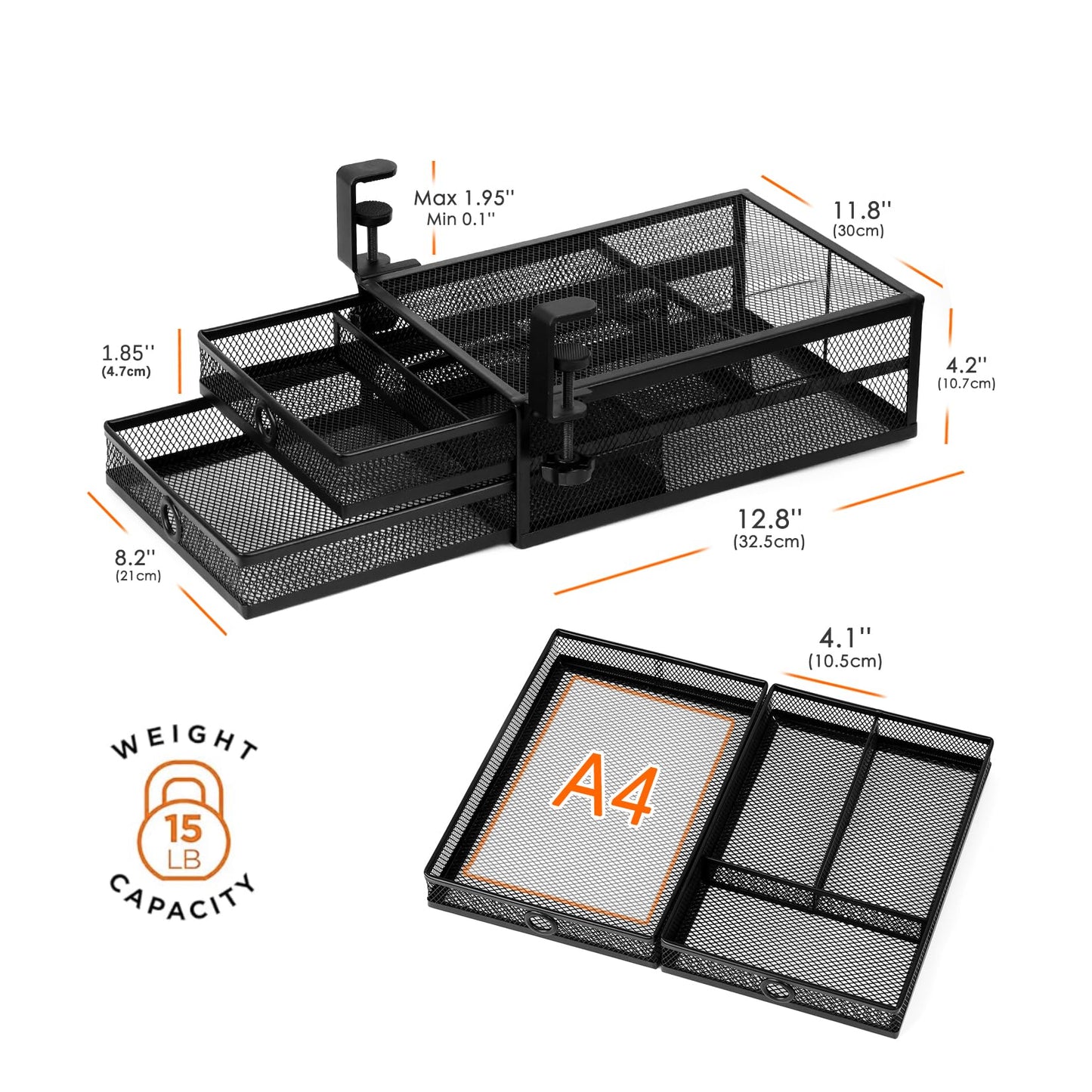 Euyona 2-Tier Clamp-On Mesh Organizer, Under Desk Storage with Slide-Out Tray, No Drilling Tool-Free Installation, Durable Rust-Resistant Metal, Large-Capacity Organizer.