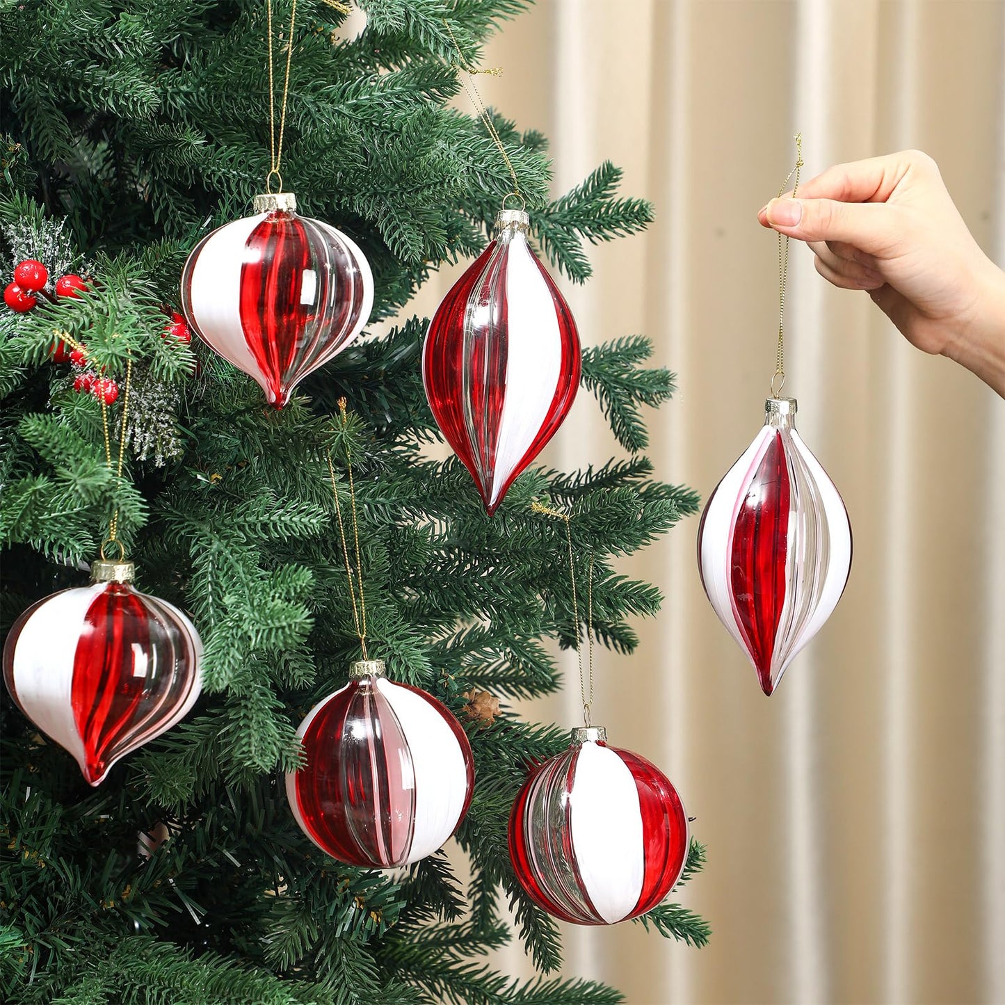 Motionchic 6 Pcs Christmas Candy Balls Ornament Glass Christmas Tree Decorations Red and White Striped Peppermint Hanging Xmas Decorations for Trees Party Wedding Holiday, 3 Styles