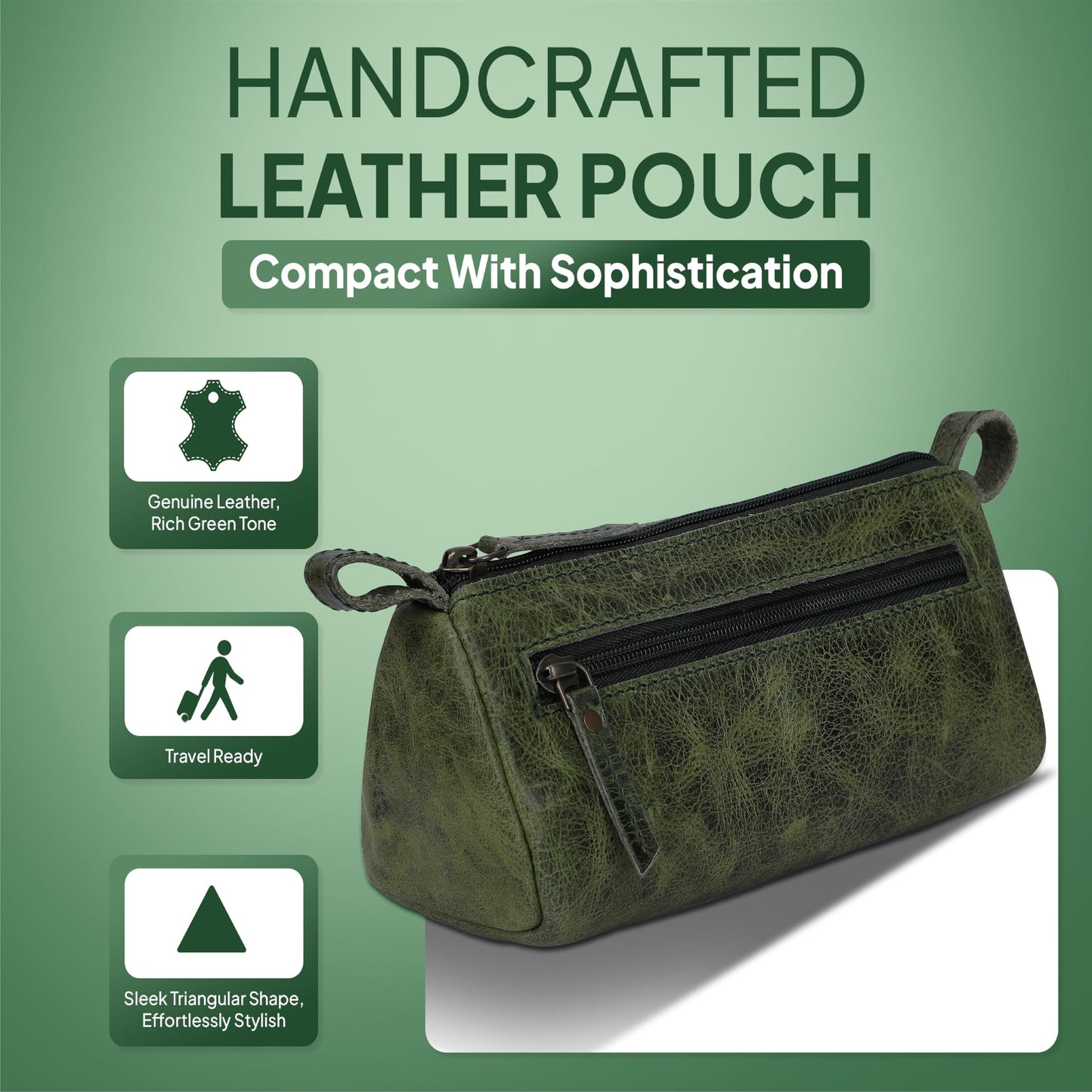 TheAntiq Leather Makeup Bag for Women – Genuine Leather Cosmetic Bag Travel, Handmade Zippered Makeup Pouch, Small Toiletry Bag, Shaving Kit & Stationery Organizer- Forest Green