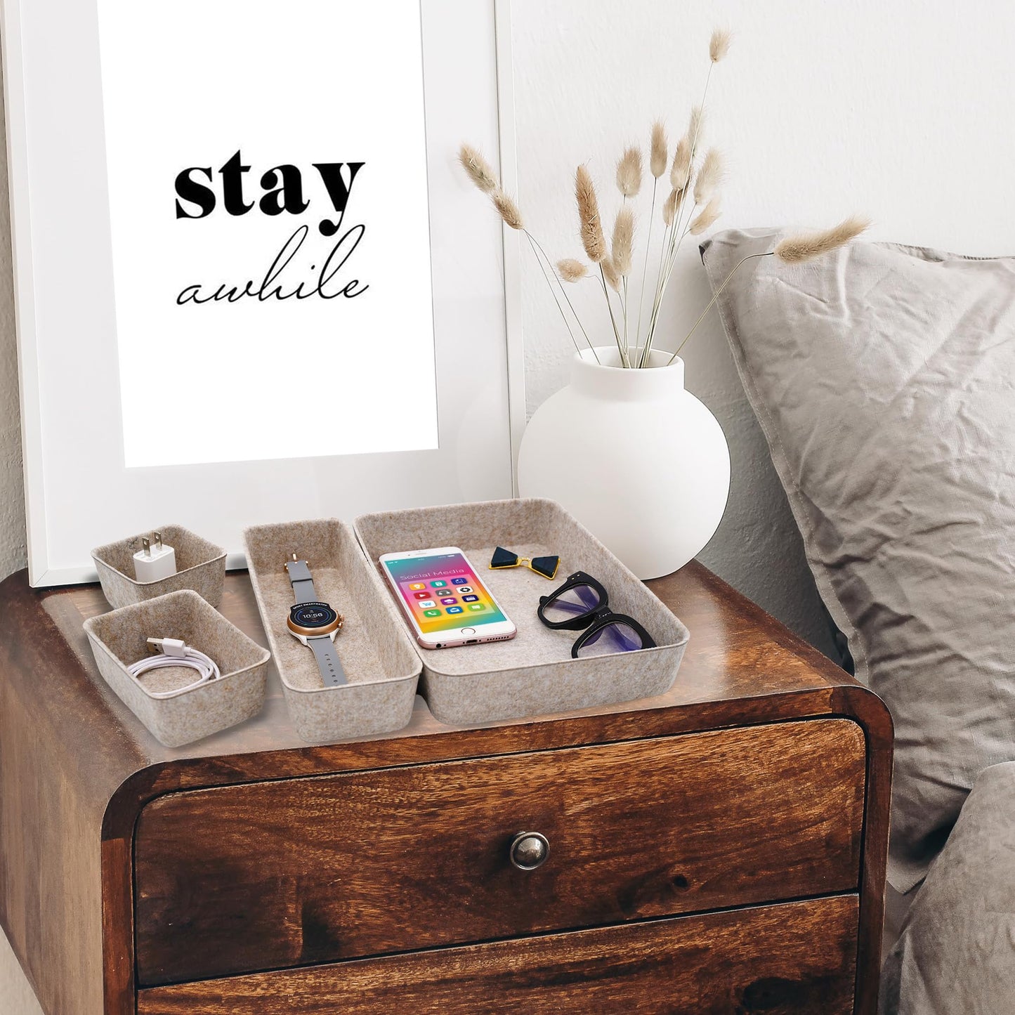 Welaxy Desk Drawer Organizer Tray, 8-Piece Beige Office Storage, Nordic Minimalist Lifestyle (Oatmeal)