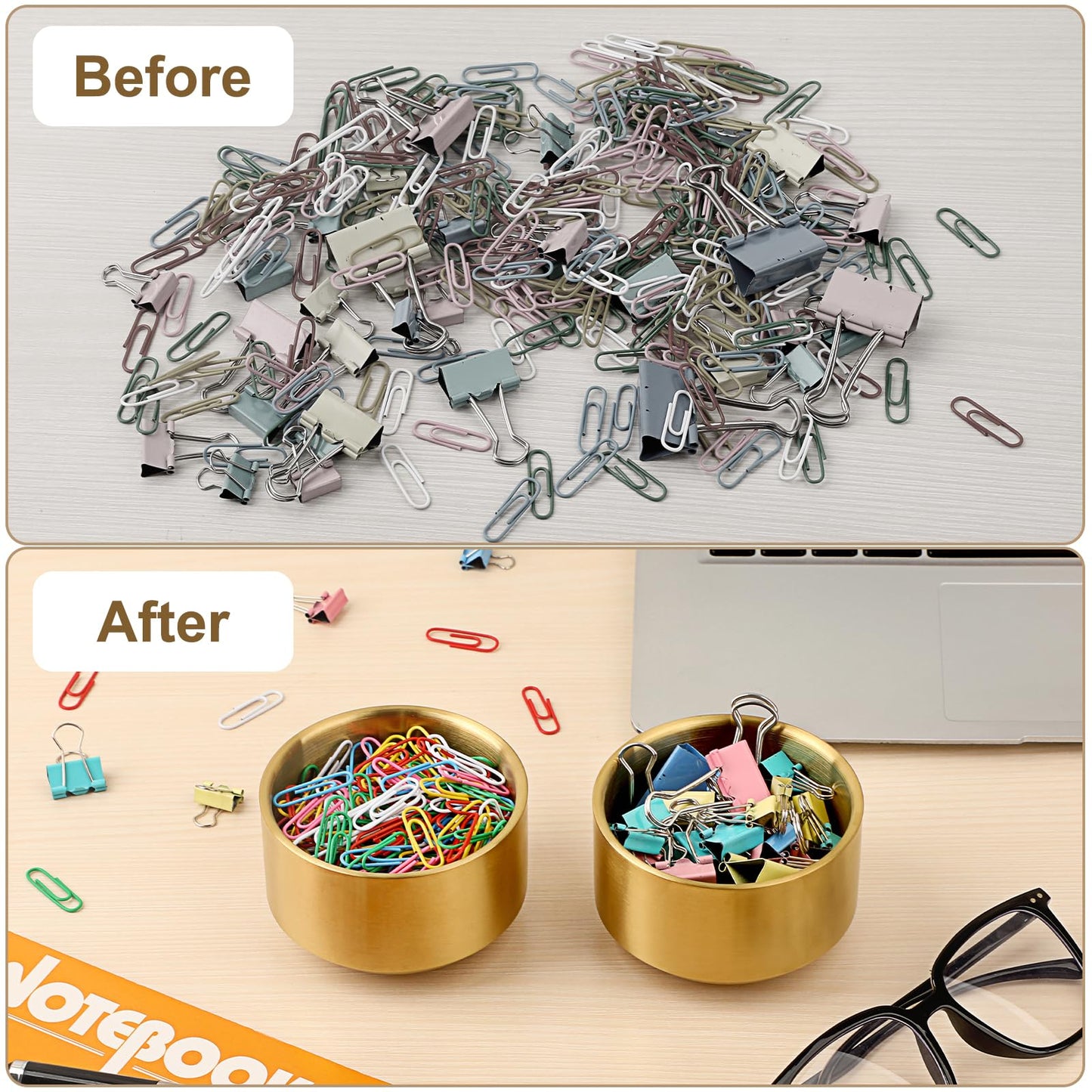 BTSKY 2 Pack Golden Paper Clip Holder, Stackable Paperclip Box Metal Storage Bowl for Office Supply Accessories, Round Small Storage Holder Cute Jewelry Organizer for Office Bathroom Vanity
