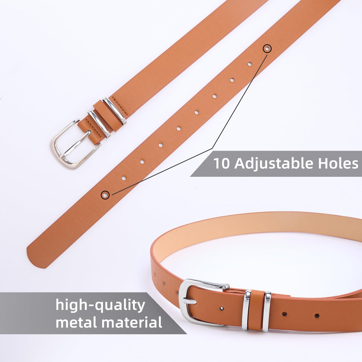 Womens Leather Belt, 4 Pcs Ladies Belts for Jeans with Zinc Alloy Buckle and 10 Adjustable Holes, Fits Waist 25-35 Inches