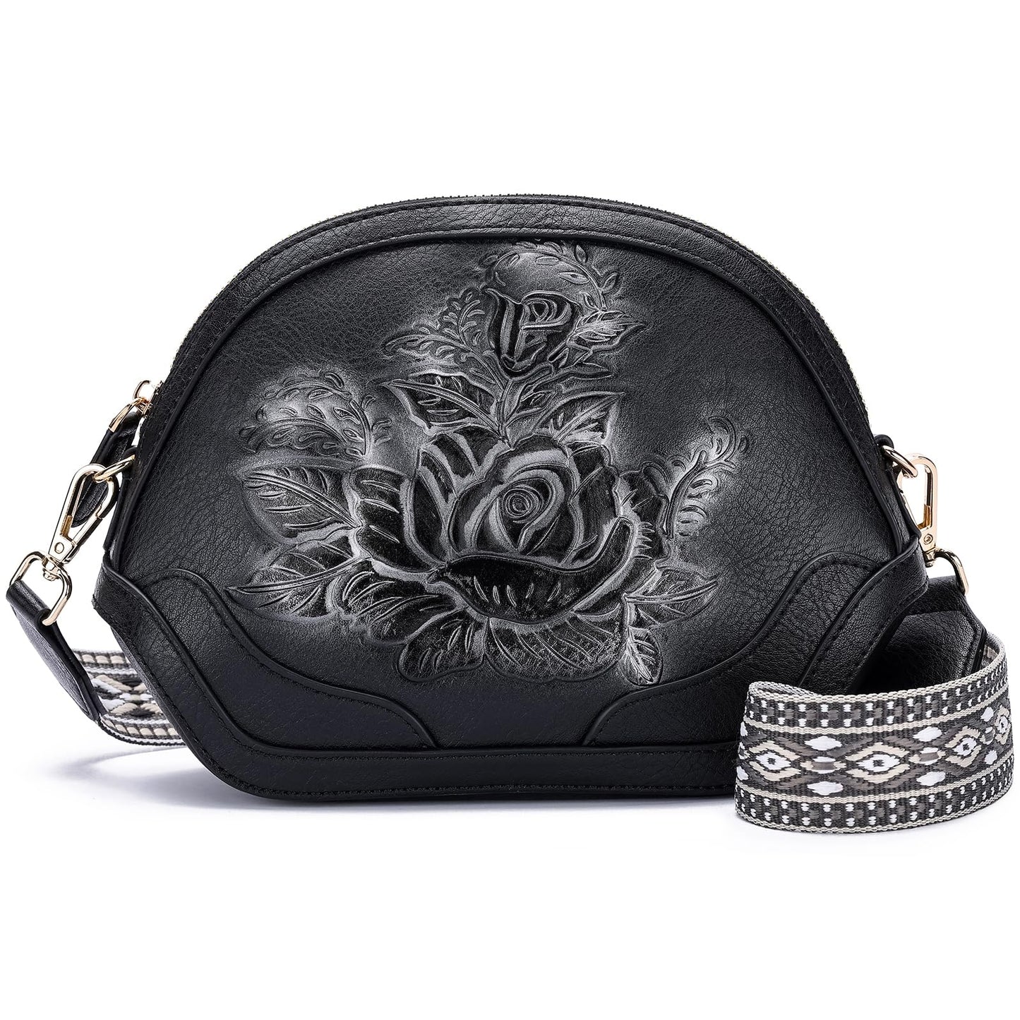 VIMUTI Embossed Rose Crossbody Bags for Women, Soft Vegan Leather Small Purse with Adjustable Wide Strap, Boho Shoulder Handbag with Multi Pockets, Lightweight Everyday Bag