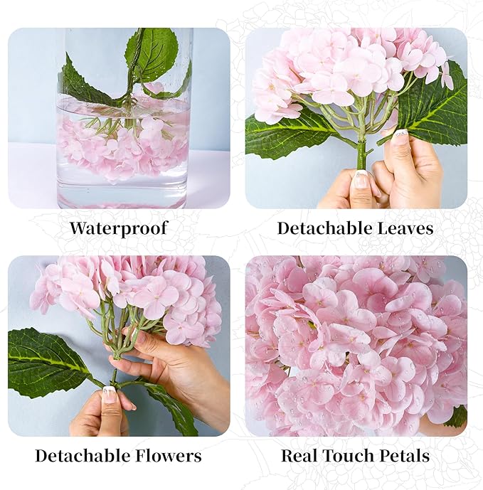 BonBloom's 3 Pcs Pink Artificial Hydrangea Flowers 21" Real Touch Flowers Latex Fake Hydrangea Flowers for Wedding Centerpieces Flower Arrangement Home Decor