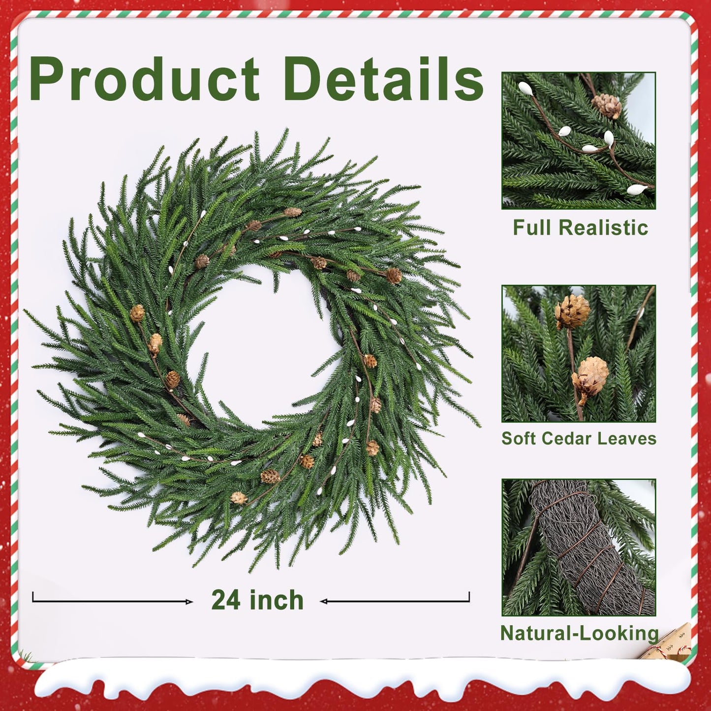 26 Inch Christmas Wreaths for Front Door Christmas Cypress Wreath,Real Touch Pine Wreath with White Berries Artificial Green with Pine Cones for Wall Window Porch