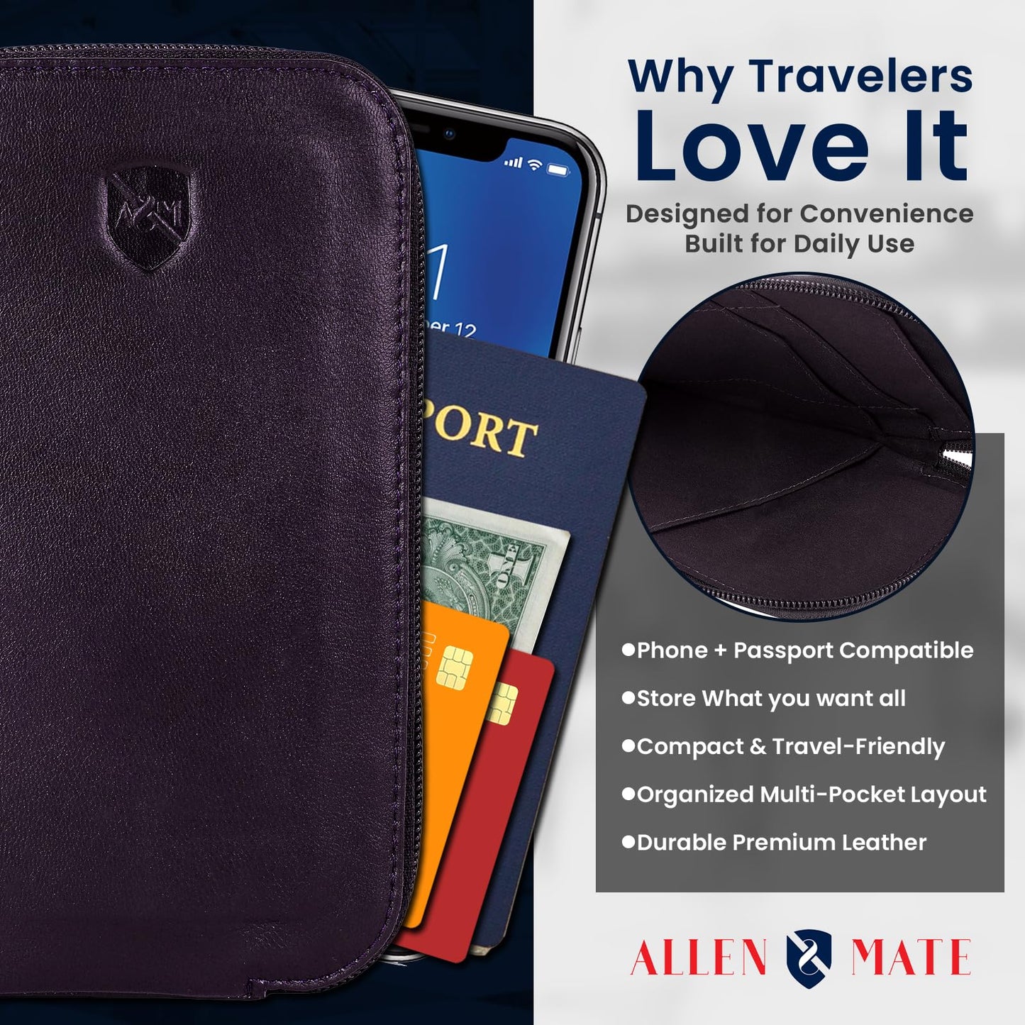 ALLEN & MATE Genuine Leather iPhone Pouch with Zip – Slim Mobile Phone Sleeve Cell Phone Pouch for iPhone 17 Pro Max, 16, 15, Google Pixel 10, Samsung Galaxy S25 & Android Smartphones Brown