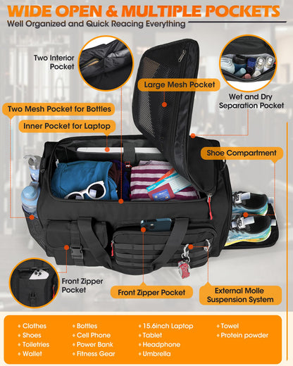 RAINSMORE Gym Bag for Men, 45L Sports Travel Duffel Bag with Shoe & Laptop Compartment, Gym Workout Backpack Carry On Weekender Bag Overnight Backpack for Travel, Black