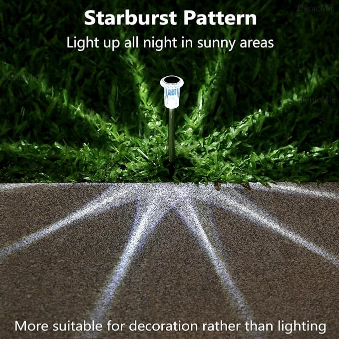 DenicMic Solar Lights Outdoor 10 Pack Waterproof 6000K Cold White LED Stainless Steel Stake for Pathway Yard Garden Driveway Solar Powered Outside Christmas Decor