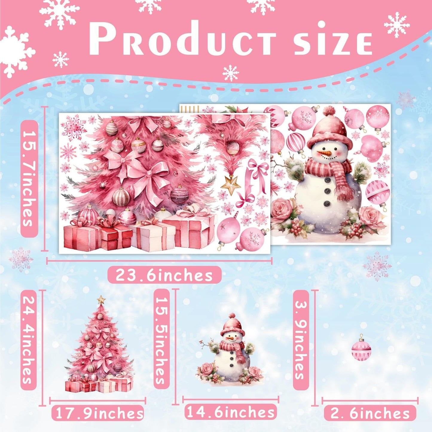 Large Pink Christmas Tree Wall Stickers Christmas Wall Decals Peel and Stick Snowman Stickers for Christmas Home Decor Indoor Hanging Ball Snowflake Art Murals for Living Room Xmas Party Supplies