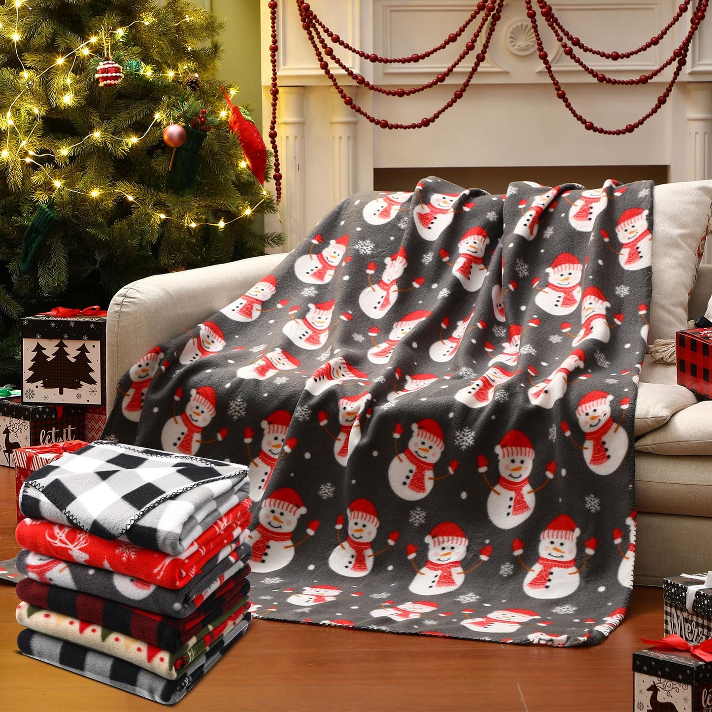 Preboun 6 Pcs 50 x 60 Inch Fleece Throw Blanket Bulk Printed Warm Throw Blanket for Couch Winter Travel Wedding Decorations Gifts (Christmas)