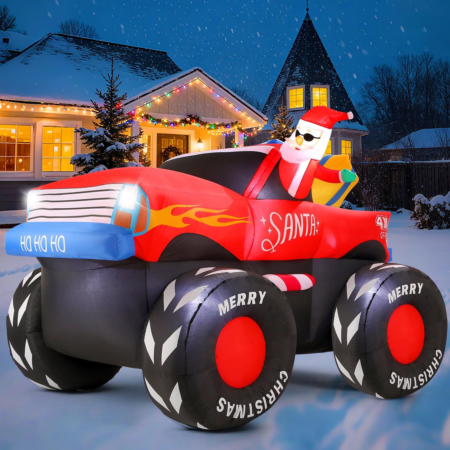 AMKAIO 7 FT Long Santa in Monster Truck Christmas Inflatables Outdoor Decorations, Christmas Blow Up Santa Claus Yard Decorations for Garden Lawn Xmas Decor