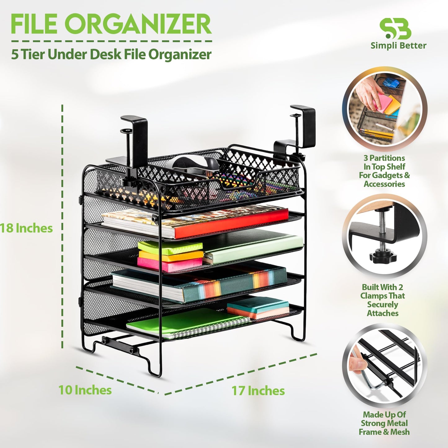 SB Simpli Better File Organizer 5 Tier Under The Desk File Holder, Clamp On Hanging File Organizer, SPACE SAVING DESIGN File Holder for Office Desk