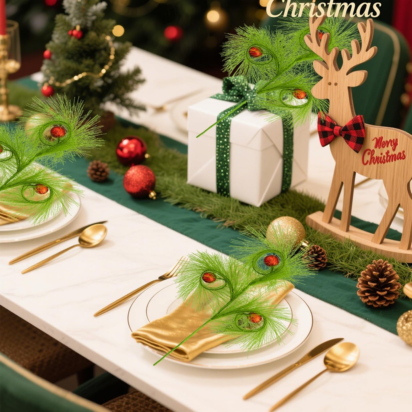 6 PCS 17" Christmas Tree Topper Christmas Floral Picks with 3 Red Ball,Xmas Artificial Flowers Wreath Green Stems,DIY Xmas Ornaments Crafts Winter Christmas Decorations Gift Wrapping