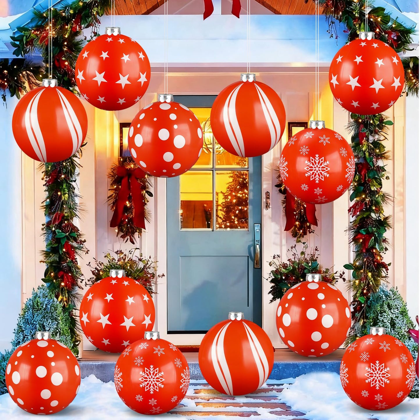 12PCS Inflatable Christmas Balls 12inch Large Outdoor Christmas Inflatable Balls Red White PVC Xmas Hanging Ornaments Decor for Xmas Holiday Lawn Yard Front Door Decorations