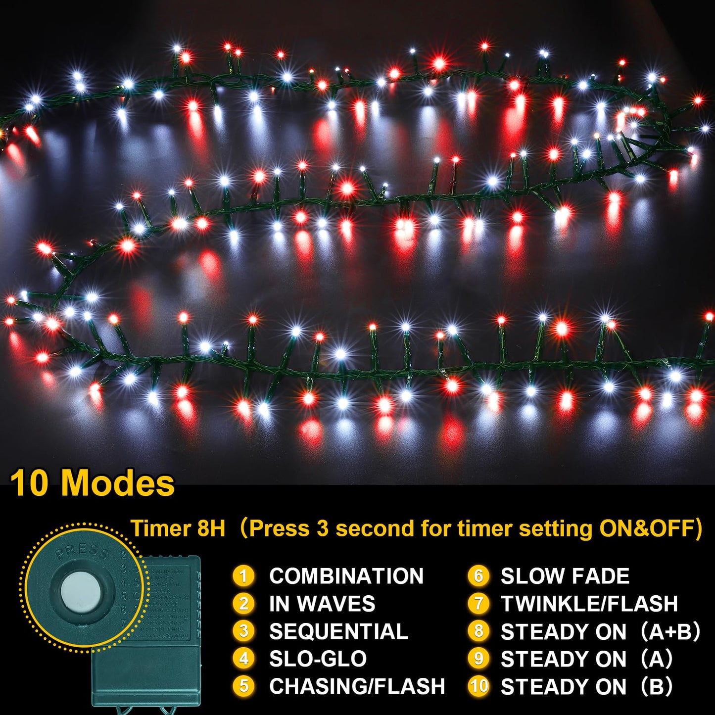 LAMPHOME 500 LED String Lights Outdoor, 16 Modes Plug in Twinkle Fairy Lights for Bedroom, 46ft 500LED Christmas Lights Cluster Lights Outdoor Waterproof Red&White Bulb
