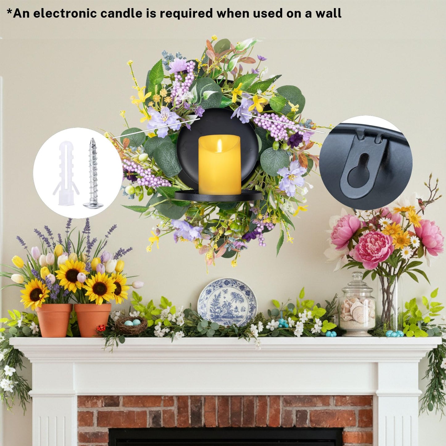 MOYEE Summer Centerpieces for Tables Candle Ring, Black Metal Candlestick with an Artificial Wreaths 14 in Versatile Dining Table Centrepiece (Purple Foam Flower Wreath)