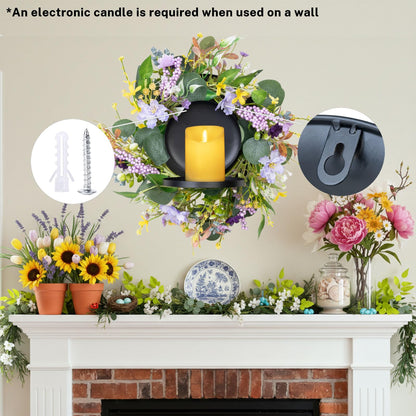 MOYEE Summer Centerpieces for Tables Candle Ring, Black Metal Candlestick with an Artificial Wreaths 14 in Versatile Dining Table Centrepiece (Purple Foam Flower Wreath)