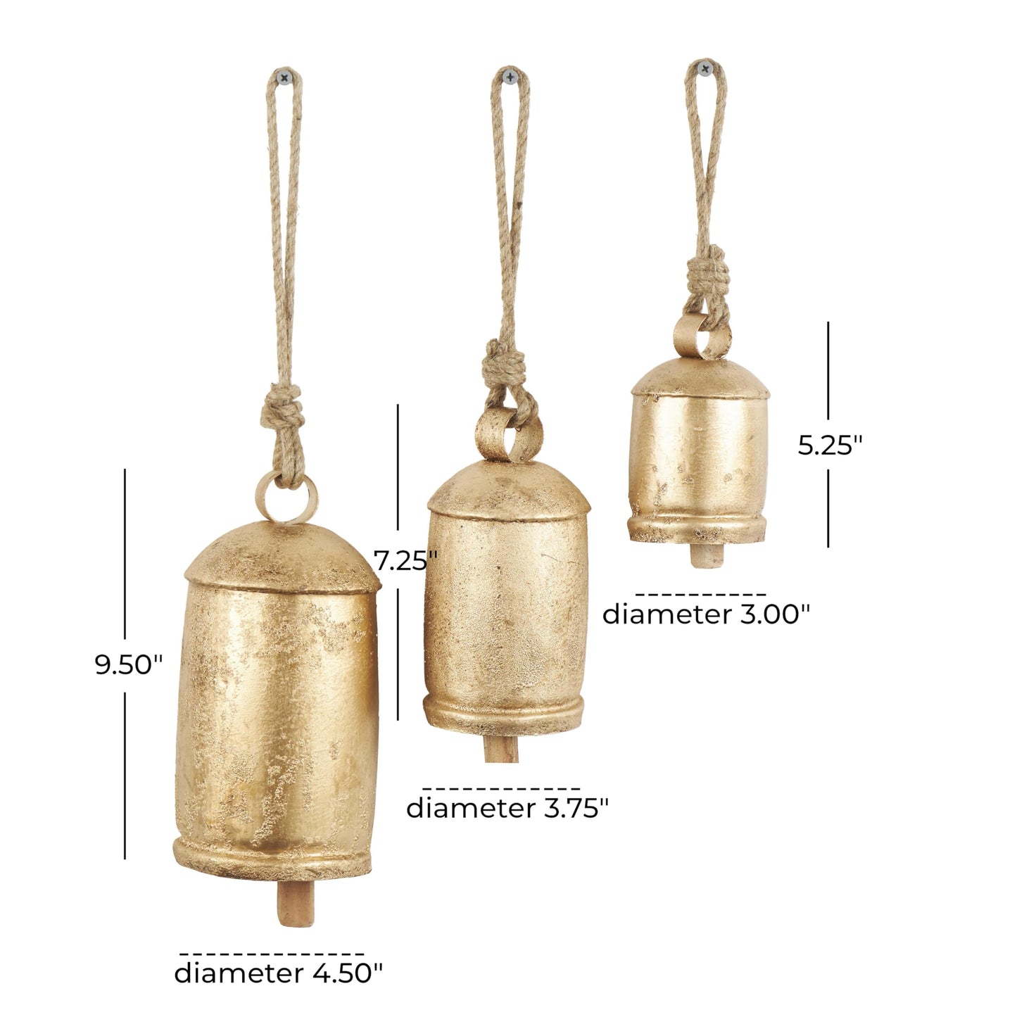 Deco 79 Metal Tibetan Inspired Decorative Cow Bells with Jute Hanging Rope, Set of 3 10", 7", 5"H, Gold