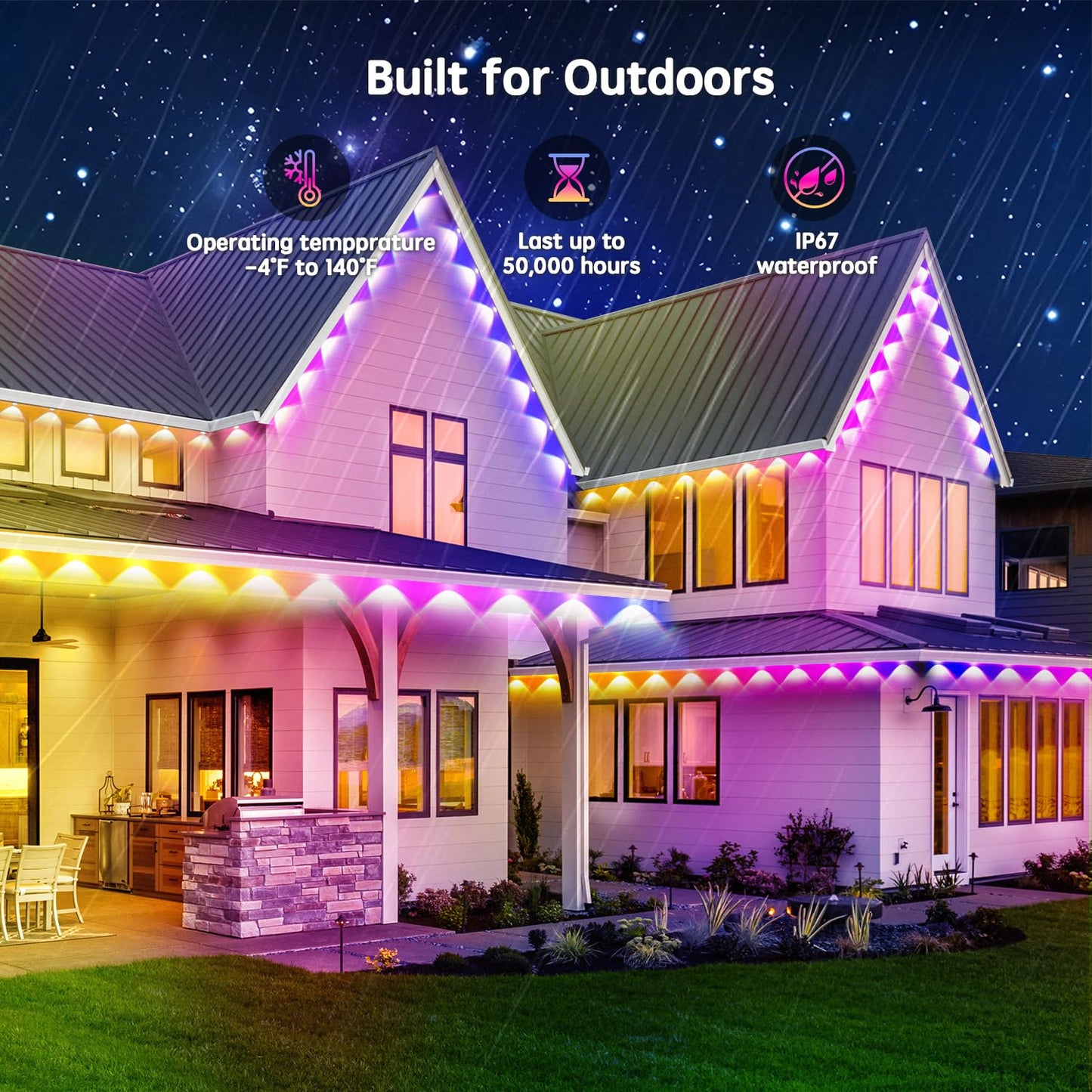 Vrribonx 50FT Permanent Outdoor RGB Lights,IP67 Waterproof Smart LED Eaves Lights with App/Remote Control,for Christmas and All Holiday Decor,Daily and Accent Lighting,House Roof and Garden Lighting