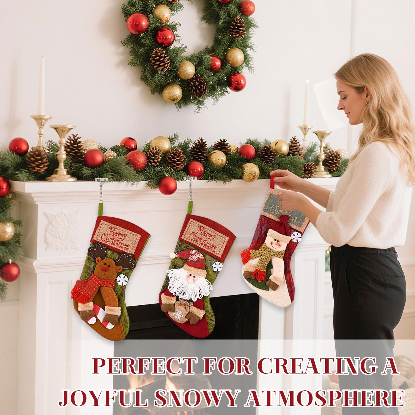 VVXKS 3 PCS Christmas Stockings Set, Large Classic Christmas Stockings with Holder, Stockings with 3D Santa, Snowman, Reindeer 3D Bulk Xmas Stockings for Fireplace Window Counter Party Decor 17"