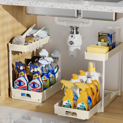 Delamu 2 Pack Under Sink Organizers and Storage, 2 Tier Pull Out Bathroom Cabinet Organizer, L-Shape Black Under Bathroom Kitchen Sink Organizer with Drawer for Under Sink Storage Organizer