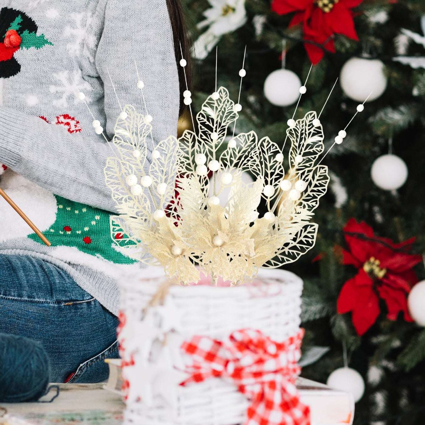 12 Pcs 16.3 Inch Christmas Tree Picks for Christmas Decoration Tree Glitters Christmas Picks Sprays with Flowers Berry Leaves Christmas Glitter Berries Stems for Xmas Tree Ornaments(White)