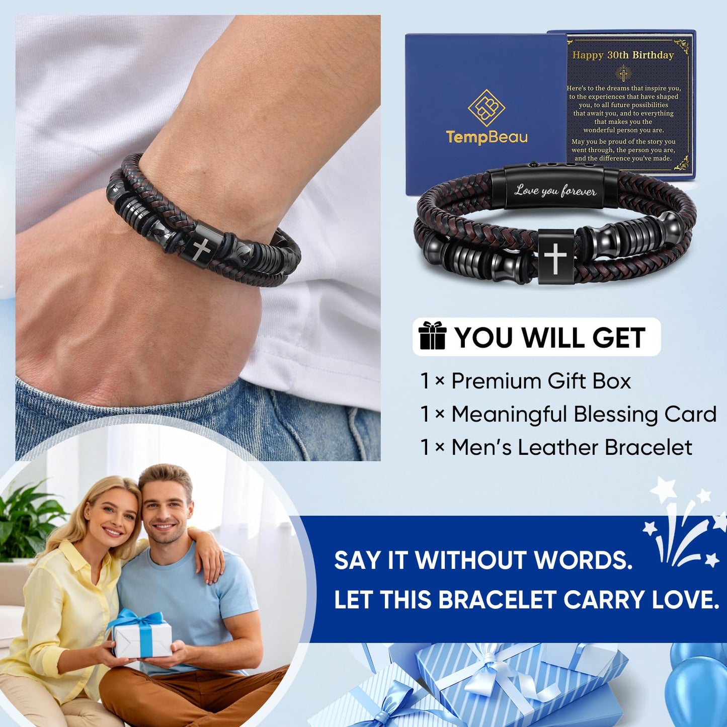 30th Birthday Cross Bracelets Gifts for Men - Adjustable Double-Row Braided Leather Bracelet Faith Religious Catholic Christian Easter Jewelry Gift Happy Birthday Bracelet for Papa Grandpa Brother