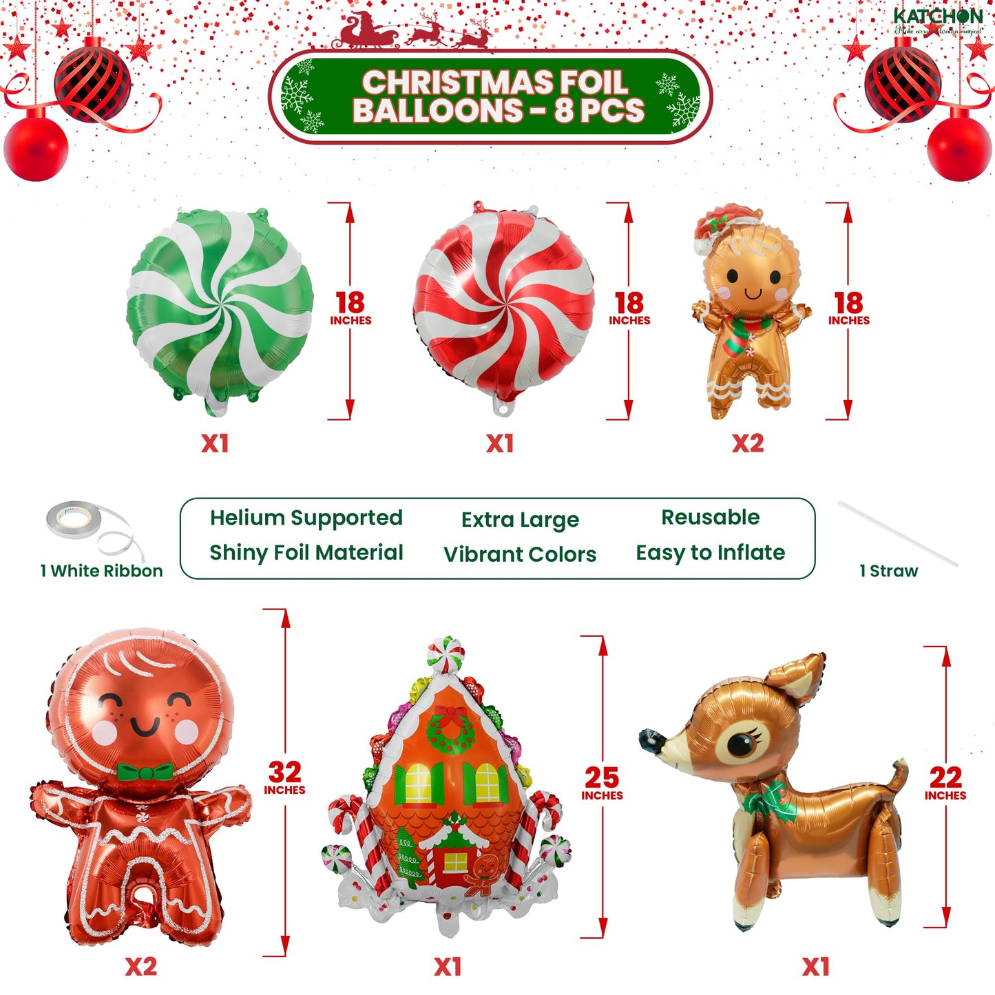 KatchOn, Merry Christmas Balloons Decorations - 32 Inch, Pack of 8 | Foil Balloon Christmas Decorations Indoor | Candy Cane Balloon, Gingerbread Balloons for Party Decorations | Holiday Decor