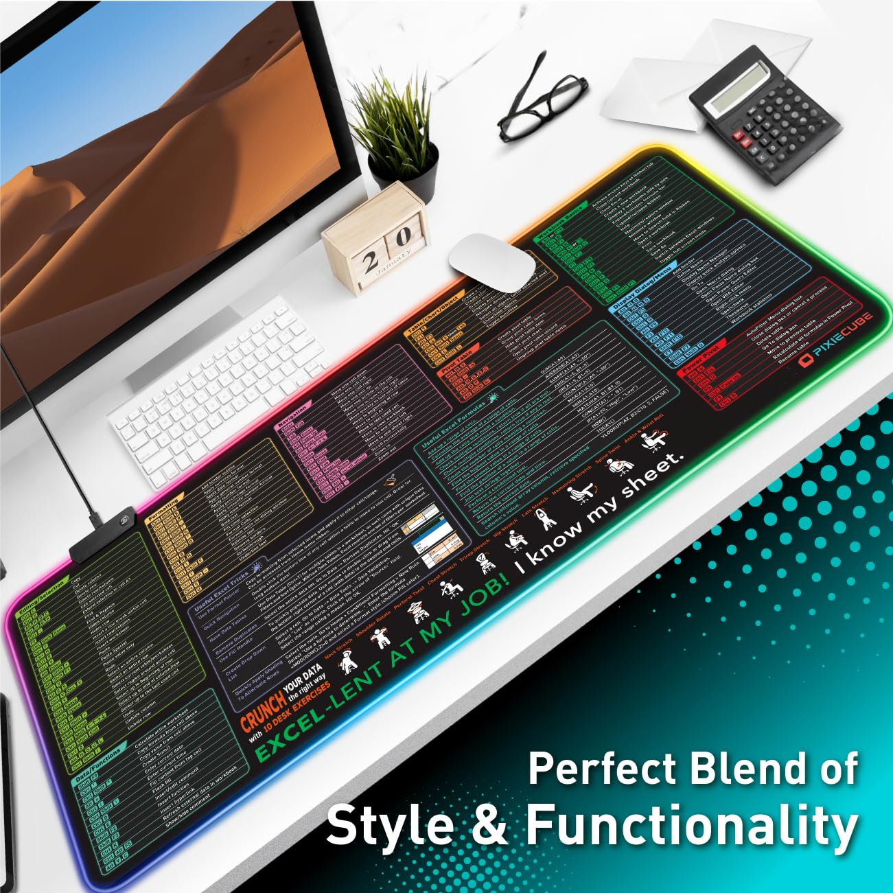 Excel Shortcut Keys LED Mouse Pad - Colorful RGB Luminous Extended Large Cheat Sheet Gaming Mousepad| PC Office Spreadsheet Keyboard Mat| Non-Slip Stitched Edge