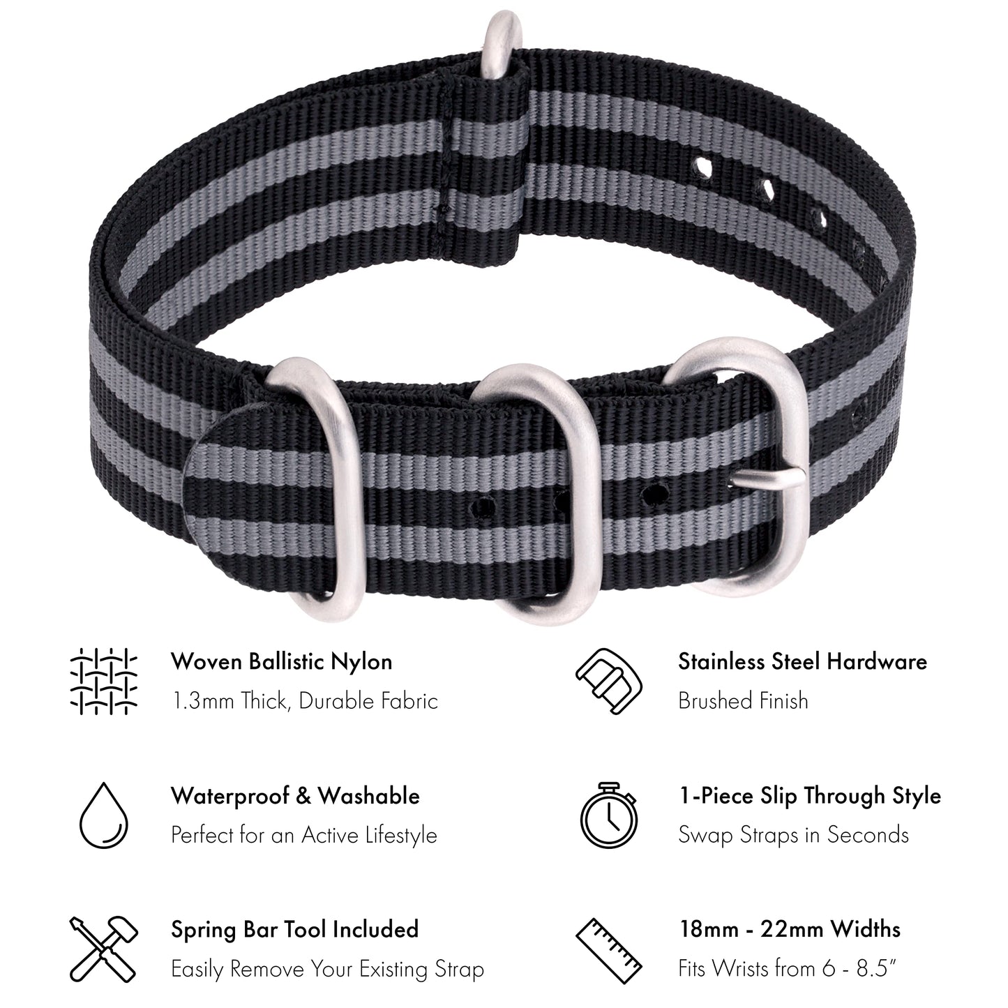 Benchmark 18mm Black & Grey Striped Nylon Watch Band - One Piece Waterproof Ballistic Nylon - Slip Through Military Style Zulu Watch Strap for Men & Women