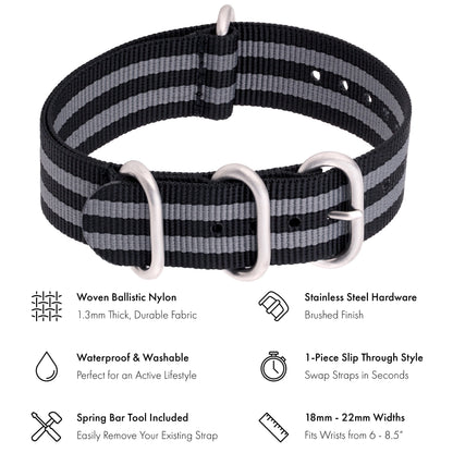 Benchmark 18mm Black & Grey Striped Nylon Watch Band - One Piece Waterproof Ballistic Nylon - Slip Through Military Style Zulu Watch Strap for Men & Women