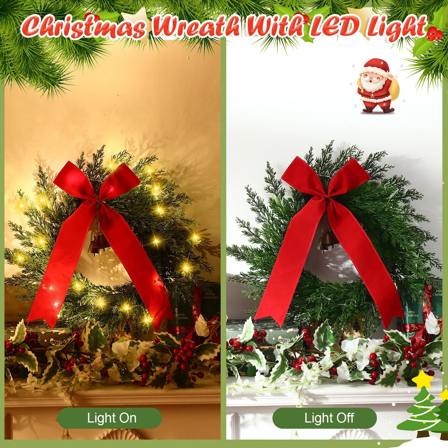 2 Pcs 20 Inch Pre-lit Christmas Cedar Wreaths with Bow Bells Artificial Norfolk Pine Lighted Xmas LED Christmas Swags Wreath for Indoor Outdoor Windows Porch Wall Home Decor