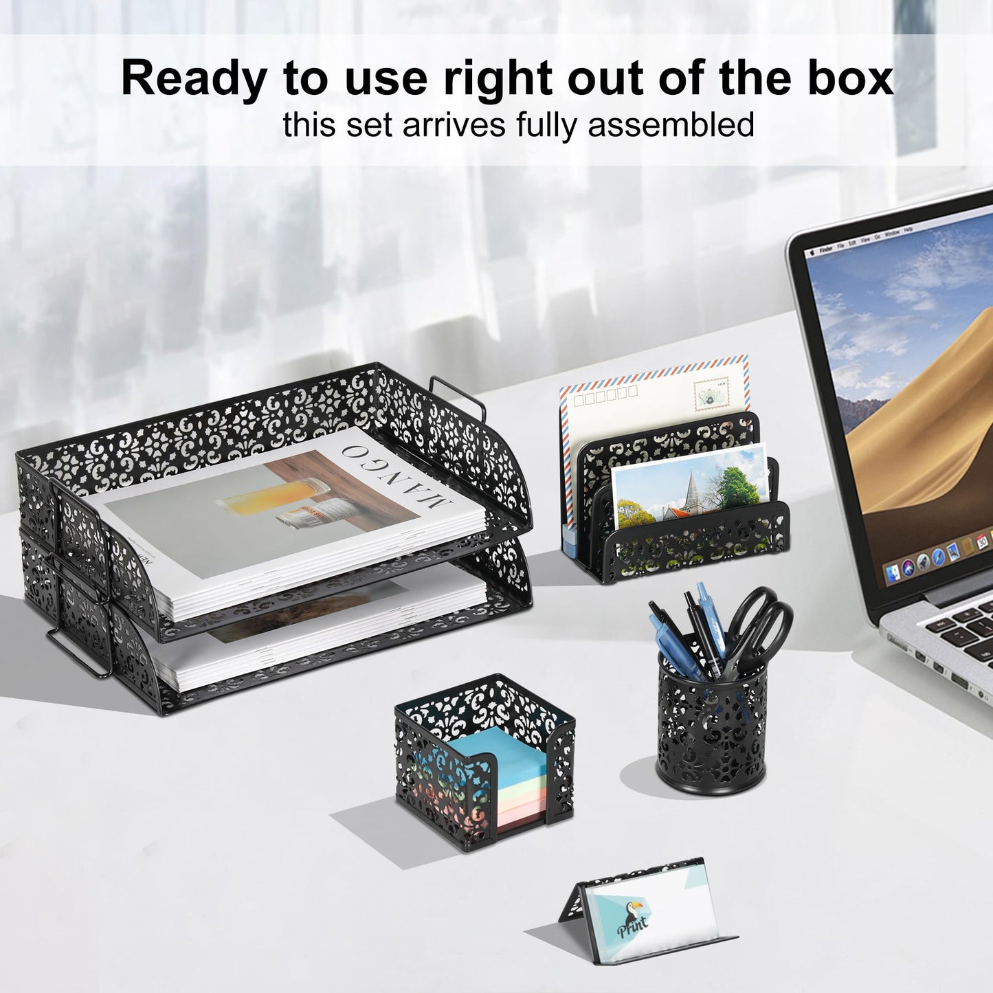 EasyPAG Desk Organizers and Accessories 5 Pieces Office Supplies Set - 2 Tier Paper Tray, Pencil Organizer for Desk, Mail Sorter Countertop, Business Card Holder and Sticky Note Holder, Black