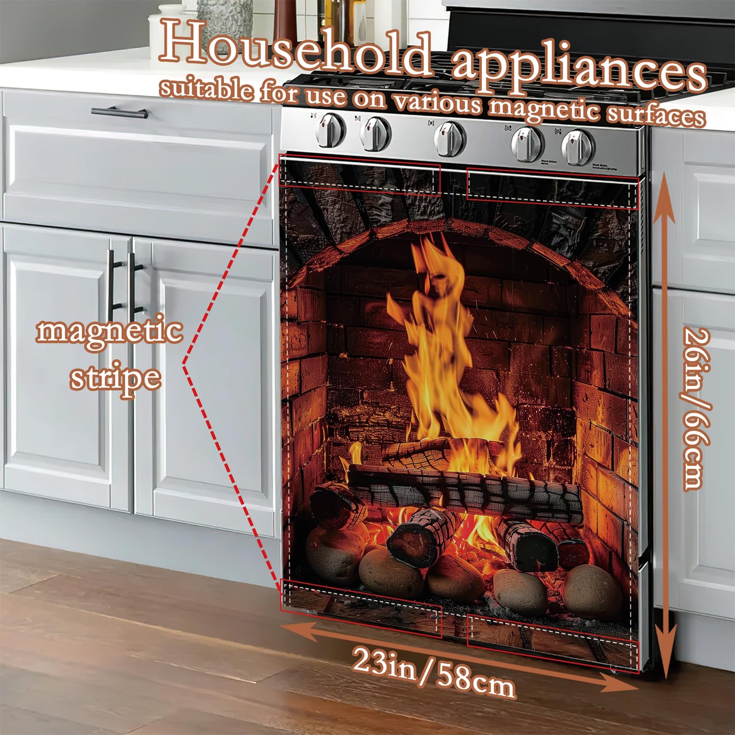 Cozy Fireplace Dishwasher Cover Panel Magnetic,Rustic Warm Home Dishwasher Magnet Decorative Cover for Refrigerator Kitchen Home Decor Reusable Waterproof 23x26 Inch