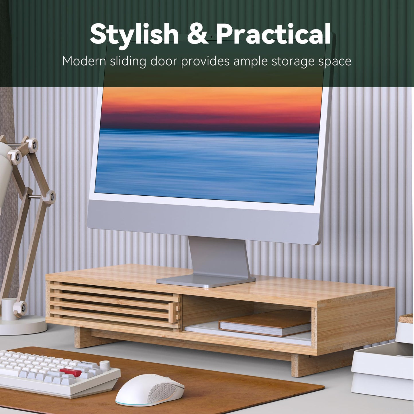 WELL WENG Monitor Stand Riser with Sliding Door, Computer Laptop Stand Desk Shelf Organizer with Storage (Natural Bamboo, 25 Inch)