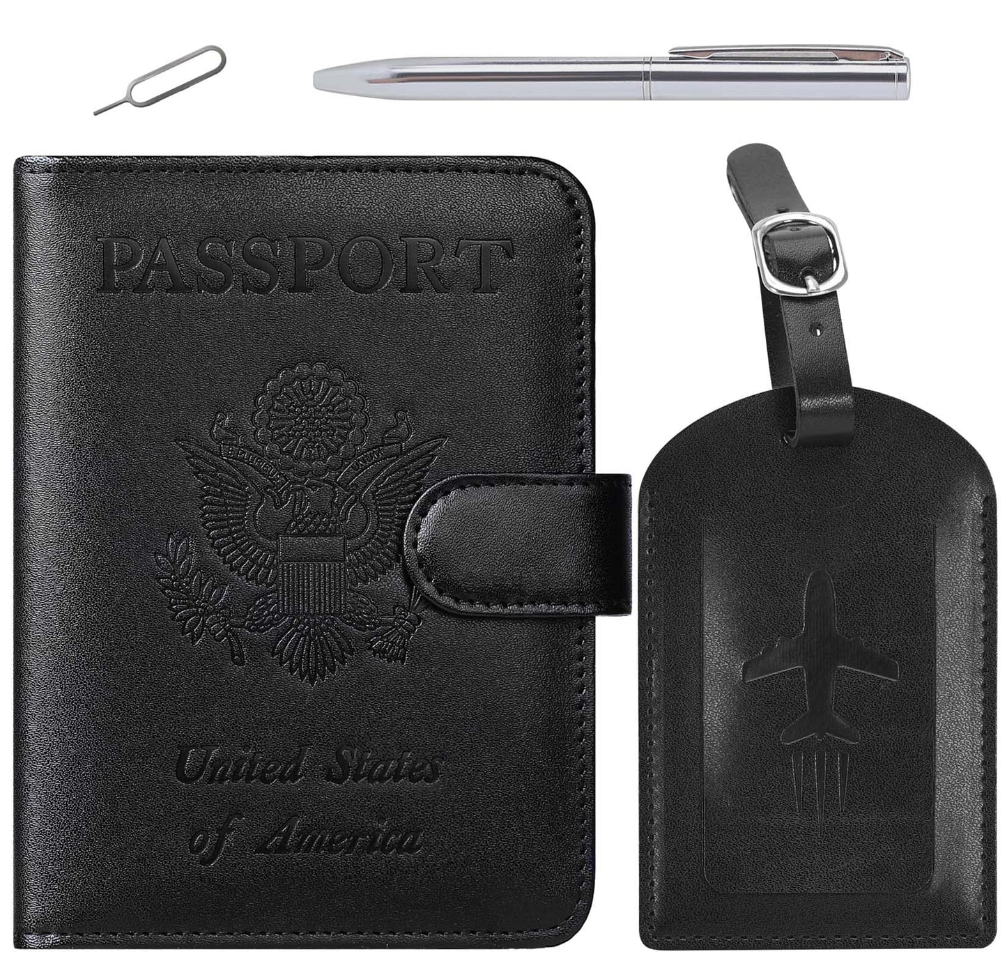 Passport Holder With Luggage Tag Cover Wallet RFID Blocking Leather Case Travel Essentials Accessories Travel Must Have(114#Black)