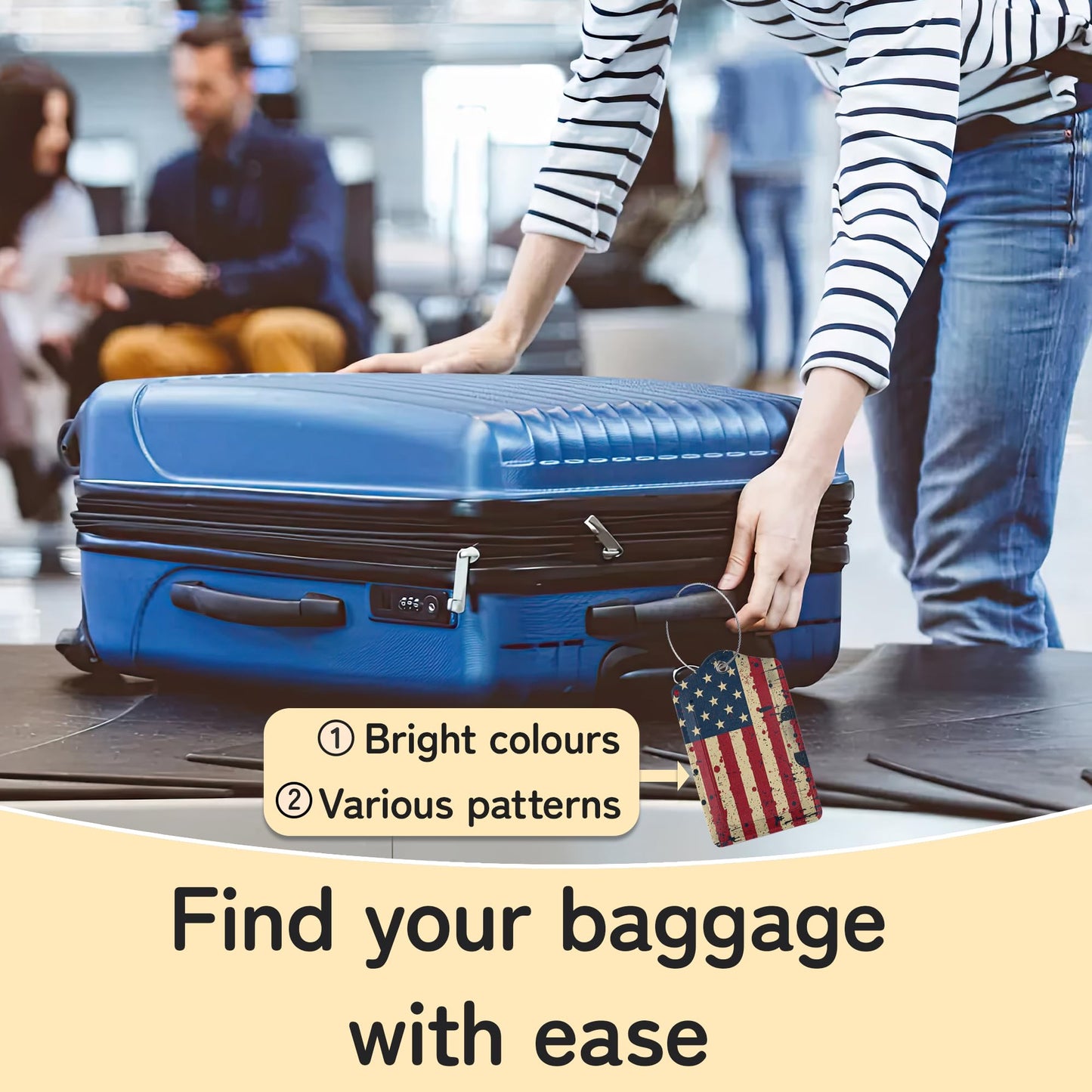 3 Pack PU Retro American Flag Leahter Luggage Tag with Stainless Steel Loop,Travel Suitcase Labels with Privacy Cover ID Label Quickly Spot for Bags