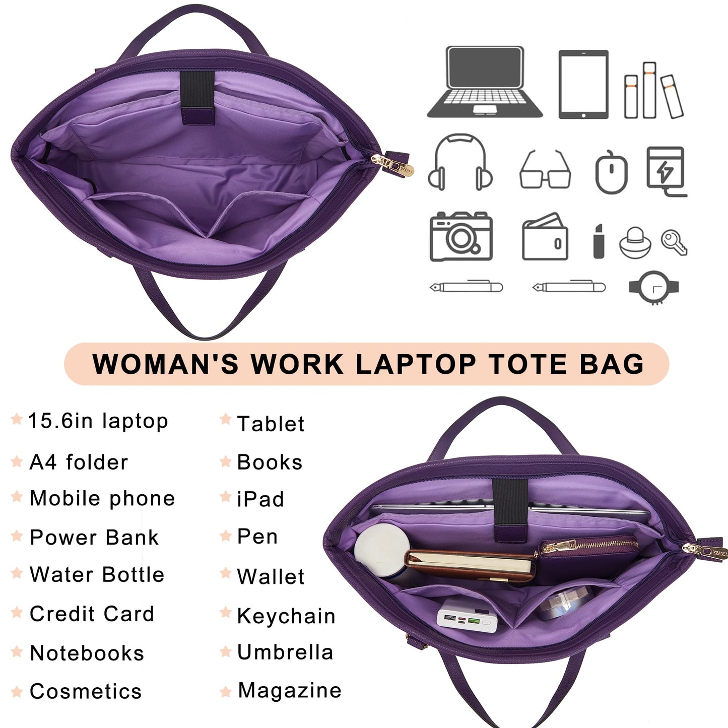 YZAOLL 15.6 Inch Laptop Tote Bag for Women,Water-resistant Vegan Leather with Anti-Scratch Padded Sleeve,Lightweight Multi-Pocket Work Bag for Business Travel,College,Office Essentials,Purple
