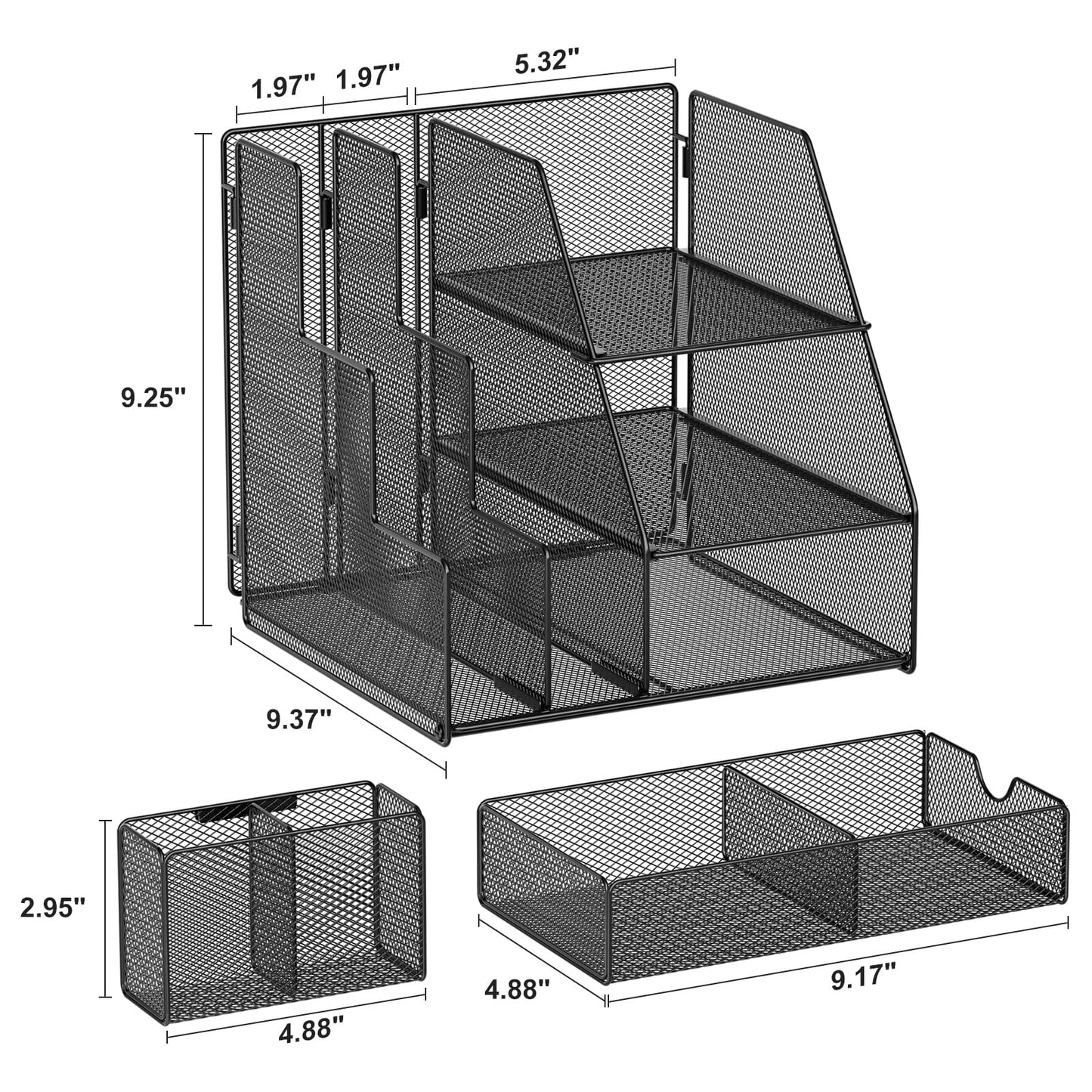 Marbrasse Desk Organizer and Accessories, 3-Tier File Organizer with Drawer and Pen Holder, Small Desktop Organizer and Storage for Workspace Office Supplies Black