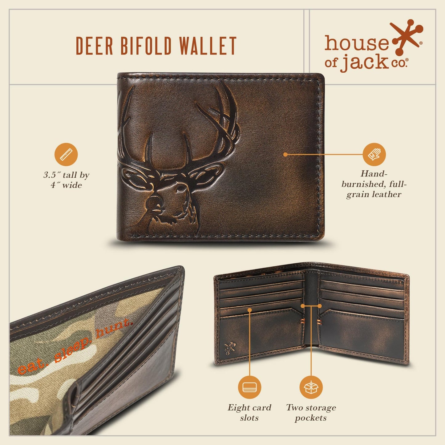 House of Jack Co. Deer Men's Classic Bifold Wallet, Full Grain Leather Hunting Wallet, 8 Card Slots, Camo Lining, Embossed Whitetail Deer, Hunter Gift for Men, Black